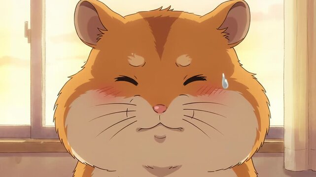 Animated hamster character with large cheeks expresses joy and happiness, showcasing a playful demeanor in a cozy indoor setting with soft lighting