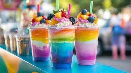 Layered rainbow milkshakes with fruit garnishes at a colorful food truck in a park