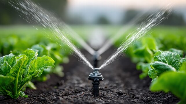 Irrigation system watering fresh green crops in a field