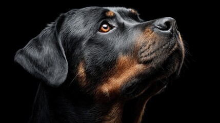 Fototapeta premium Close-up portrait of a beautiful Rottweiler dog looking up against a black background