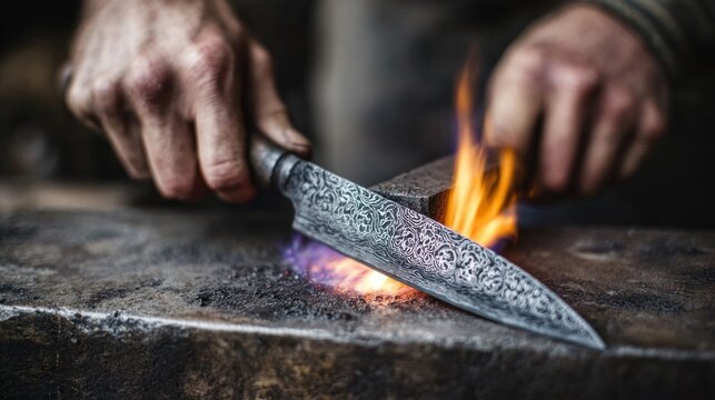 Blacksmith forging a custom knife with intricate patterned blade and fire