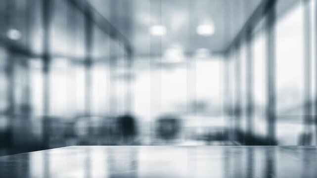 Modern office interior with glass walls and large windows, featuring a blurred background and empty desk surface. Contemporary workspace design emphasizes minimalism and natural light