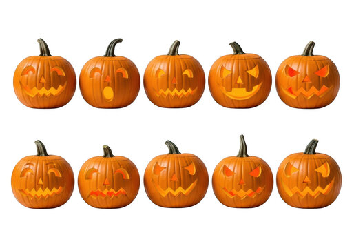 Ten carved jack o lanterns with glowing faces isolated on transparent background