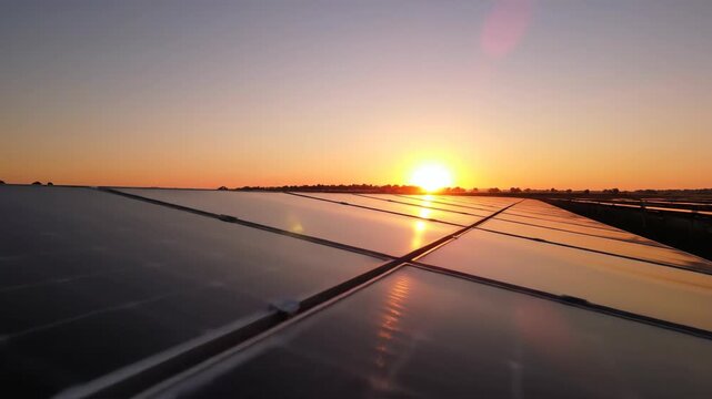 Solar panels at sunset reflecting the golden sun and sky.