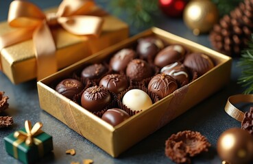 Luxury chocolates arranged in gold box with ribbon. Assortment of dark and milk sweets. Festive background with pine cones and ornaments. Perfect gift for holidays and celebrations. Special treat.