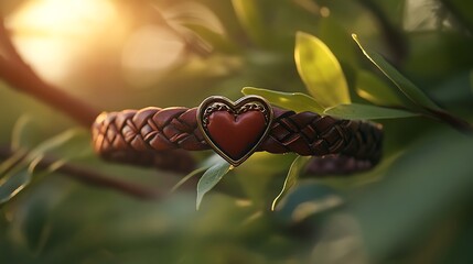A delicate leather bracelet adorned with a heart pendant rests gently amidst lush greenery