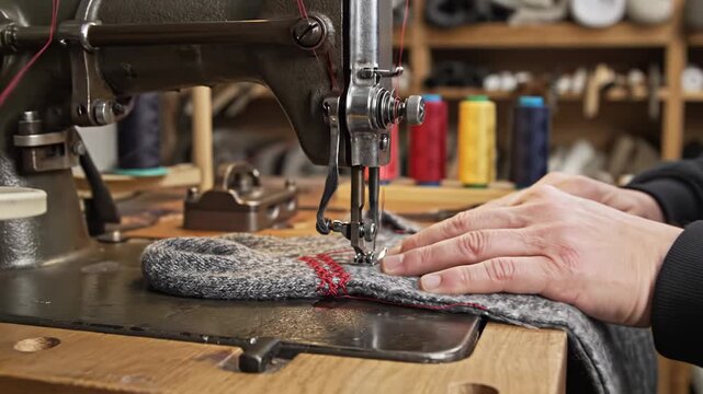 Close-up of sewing machine stitching red thread on gray fabric, with hands guiding the material, colorful spools of thread visible in the background