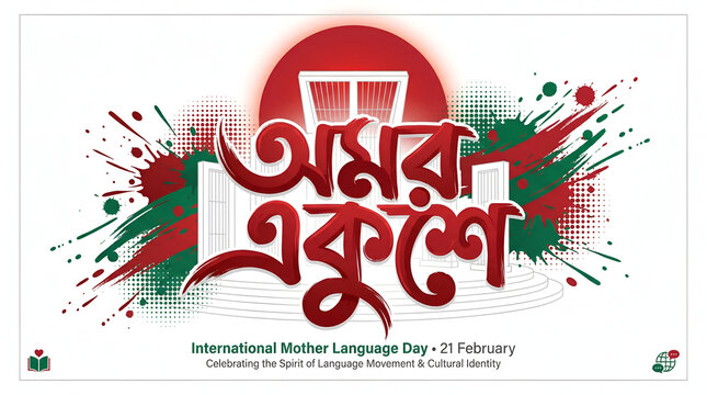 International Mother Language Day banner with Bengali calligraphy 'Amar Ekushey' and symbols of language movement celebration