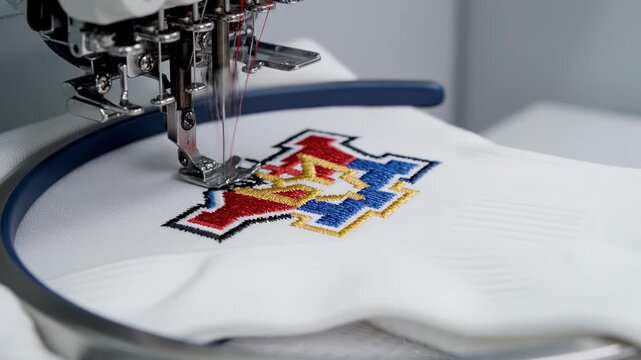 Embroidery machine stitching colorful logo on white fabric, showcasing detailed needlework and thread movement in a textile production environment