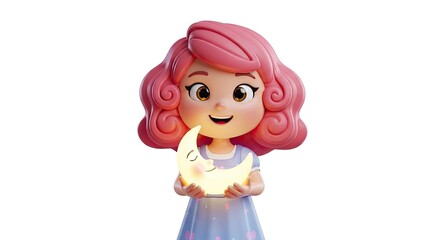 Pink-haired character holding sleeping crescent moon