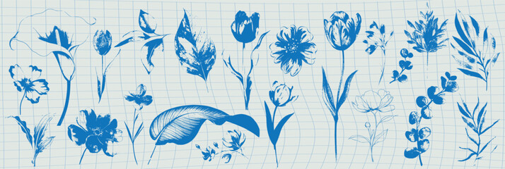 Botanical Collage Featuring Blue Flowers and Plants on Graph Paper Background