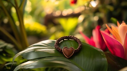 A handcrafted bracelet adorned with a wooden heart pendant, rests gently on a vibrant green leaf