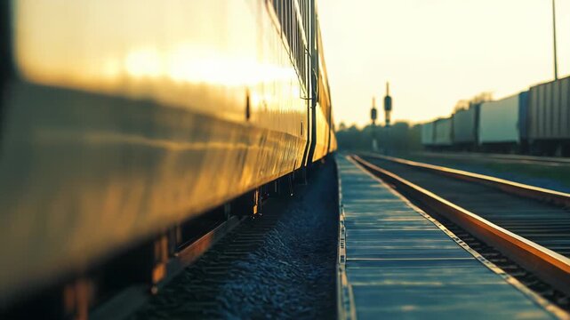 Train speeding along tracks, catching the warm light of a late afternoon sun, with freight wagons visible in the distance on parallel lines, indicating active rail transport