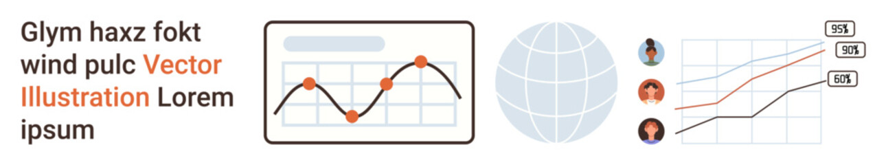 Obraz premium Business analytics, global strategies, data insights, teamwork visualization, performance trends, user behavior. A graph, globe and connections illustrated. Business analytics and global strategies