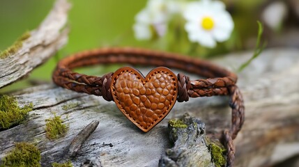 An artisan leather bracelet adorned with heart rests gracefully upon a weathered log