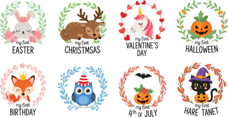 My first holiday baby milestone vector set, cute animals bunny deer unicorn owl cat fox for Christmas Easter Birthday Halloween. © Shain