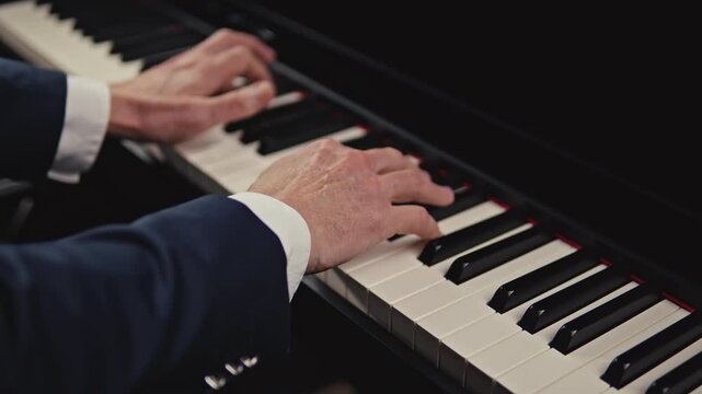 Piano. Playing fortepiano.Hands close up.Intimate scene of musician performing complex scales during rehearsal