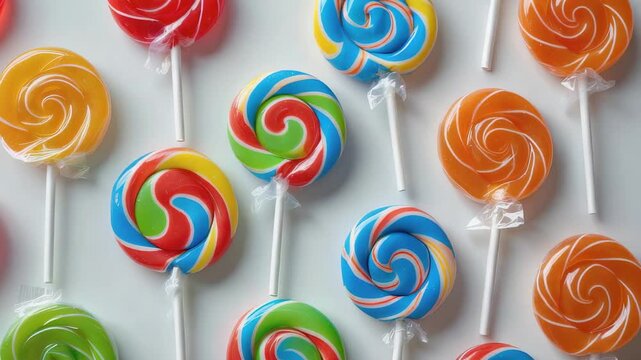 Colorful lollipops arranged in rows on a white surface at a candy shop in the afternoon