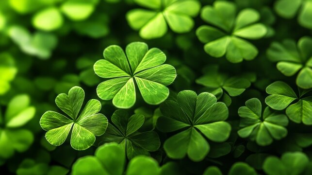 Green clovers in a St Patrick's Day celebration setting with bright green hues and festive atmosphere
