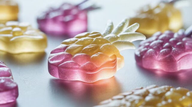 Colorful gummy candies shaped like pineapples on a smooth surface with various colors displayed in close detail