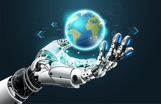 Artificial intelligence changing the world concept. Robotic hand holding a glowing digital earth globe with tech background, vector illustration