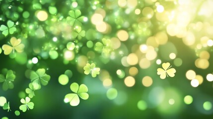 Obraz premium Clover confetti fills the background on St. Patrick's Day with bokeh effects in green tones during the celebration season