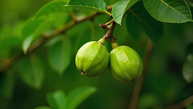 A feijoa (pineapple guava) shrub with green oval fruits hanging on woody branches covered with dense leaves 