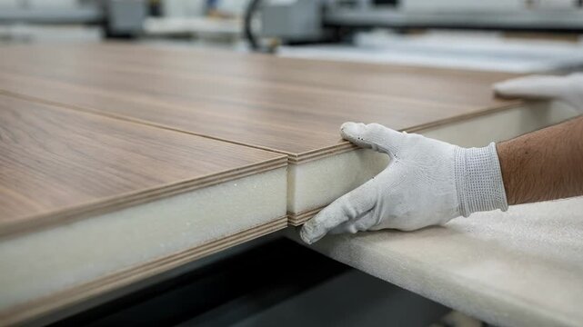 Closeup medium shot capturing foam core insertion into veneer panels showcasing smooth surface finishing and detailed craftsmanship in a manufacturing setting.