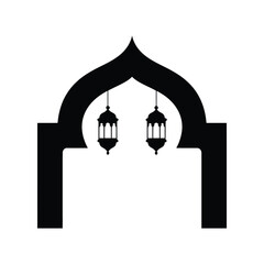 Islamic mosque arch silhouette with twin hanging lanterns black vector illustration