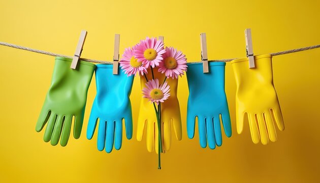 Colorful garden gloves hang on clothesline with pink flowers. Fresh spring cleaning concept. Bright yellow background. Simple outdoor setup.