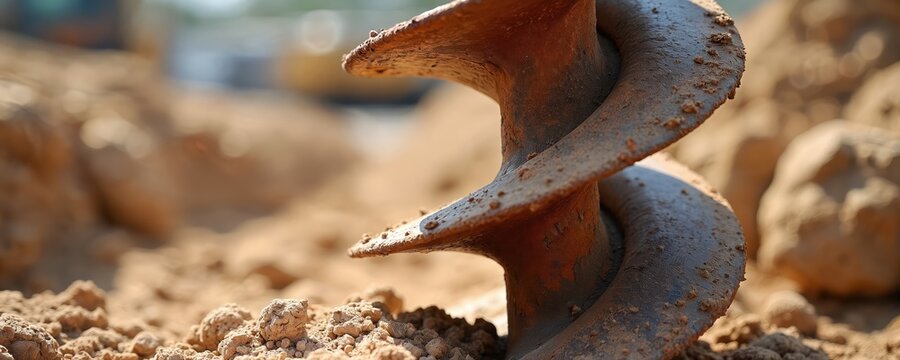 Close-up of spiral soil auger bit. Heavy construction machinery drills into dirt and rock. Geotechnical drilling equipment for earthworks and repair.