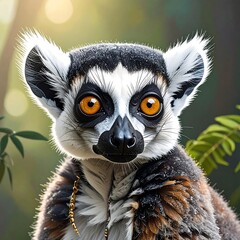 Fototapeta premium Portrait of a ring-tailed lemur, close-up with intense orange eyes in a verdant setting