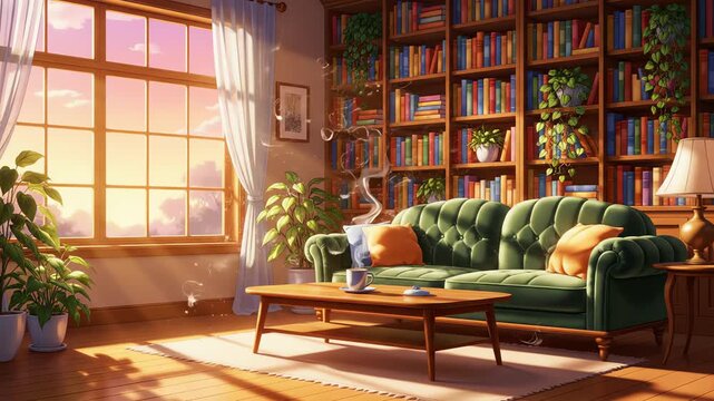 animated stream overlay, virtual visual novel backgrounds, loop, interior of a cozy elegant living room at sunrise. vtuber asset. twitch zoom OBS game screen. Chill anime lo fi hip hop. Relaxing warm.