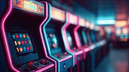 Obraz premium Retro arcade game machines in a row with neon lights