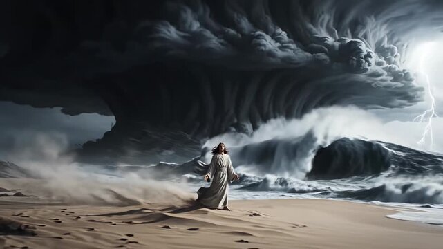 Jesus Christ standing on sandy beach with stormy clouds and crashing waves, arms outstretched, as lightning illuminates the dark sky in a dramatic scene