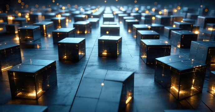 Dark futuristic scene. Illuminated cubes cover surface, creating glowing grid pattern. Mysterious, digital aesthetic dominates composition.