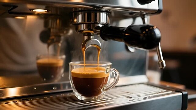 Professional espresso machine brewing double shot coffee into glass cup with rich crema and steam