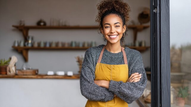 Smiling business owner in apron stands confidently at the entrance of her shop