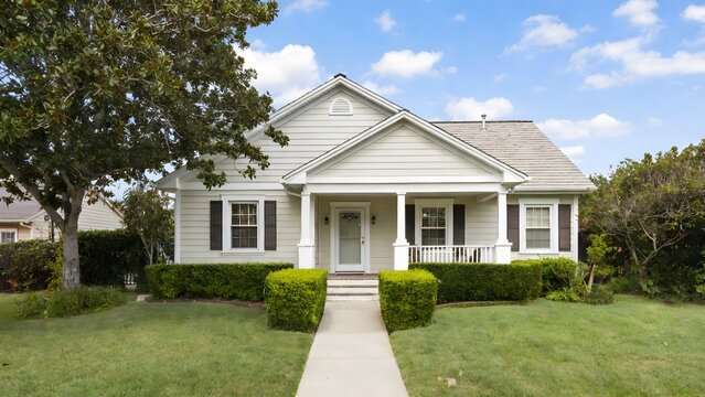 A charming single-story home with a veranda under a clear blue sky