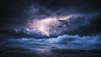 Fototapeta premium Storm rolls in over coastline with dark clouds and bright lightning illuminating the night sky and crashing waves