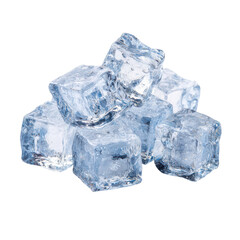 Obraz premium Crystal clear ice cubes, realistic frozen water blocks with glossy texture, cold beverage garnish PNG asset isolated on Transparent Background