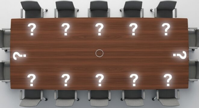 Overhead view of conference table with glowing meeting questions above each empty chair, symbolizing unresolved business issues.