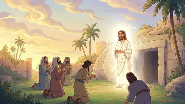 Jesus Christ appears in radiant light to a group of followers, who kneel in reverence before him outside a tomb in a serene landscape with palm trees