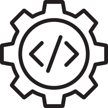 Software development process line icon featuring gear with coding brackets for technical engineering projects