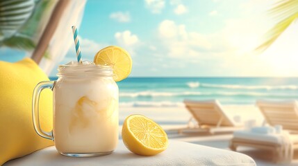 Lemon and honey milkshake in frosted jar on white recliner golden sand serene ocean view