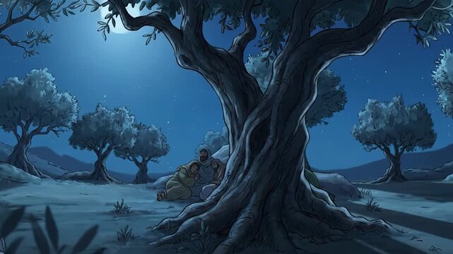 Jesus Christ in prayer under moonlight, expressing deep emotion in a garden, while disciples rest nearby, surrounded by olive trees and a serene night sky