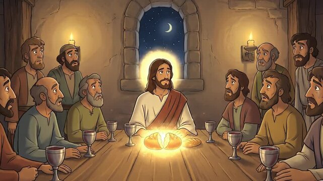 Jesus Christ surrounded by twelve disciples at a table, sharing bread and wine during a significant moment in a dimly lit room with glowing light effects