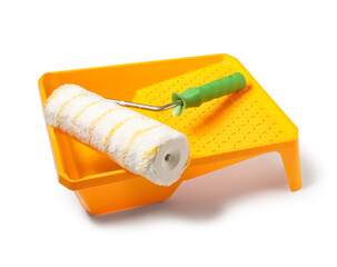 Obraz premium Paint roller with tray on white background