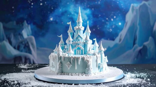 A blue castle cake with spires and snow atop a snowy surface