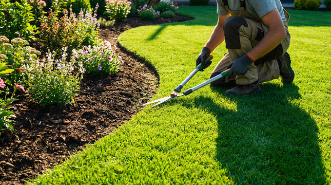 Person carefully trimming grass edges along a wellmaintained garden pathway bordered with vibrant flowers and healthy green lawn